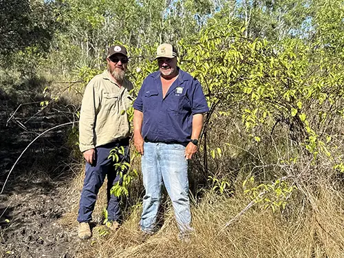 Brad Sauer, Weed Project Officer, WMB and Adam Tessmann, Pilot, Rotor Services, with rubber vine found in the NT