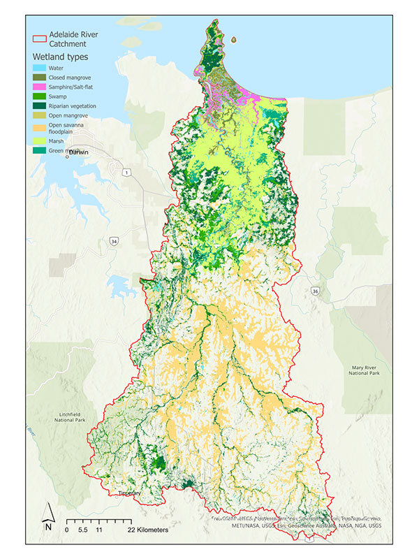 An example wetland types map derived from the Charles Darwin University Aquatic Ecosystem Mapping and Classification project tool.