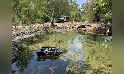 Water scientists monitor the condition of the Roper River in October 2025 – the Roper is sustained through the Dry season by the Cambrian Limestone Aquifer. 