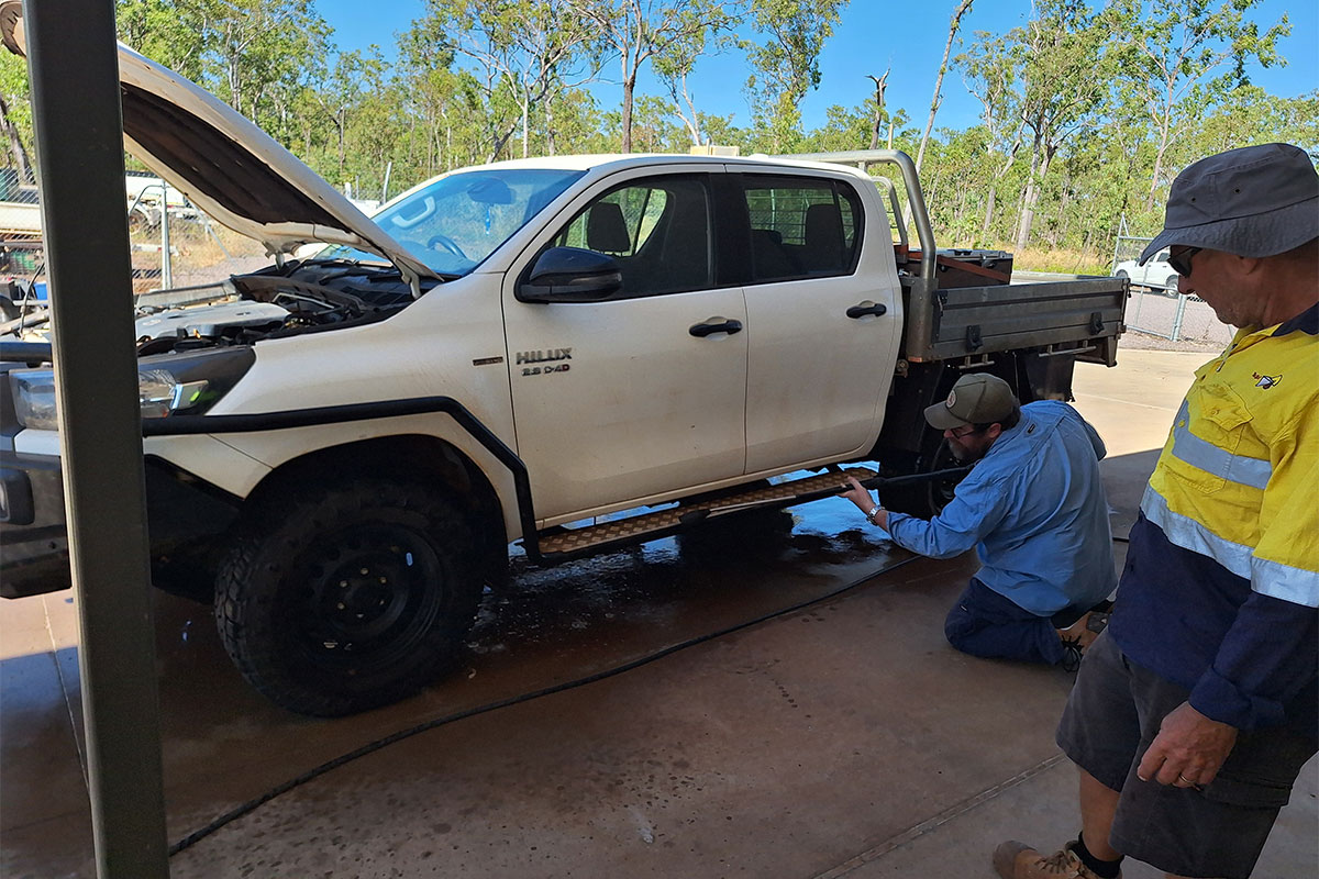 Staff are shown how easily biosecurity risks can spread on vehicles.