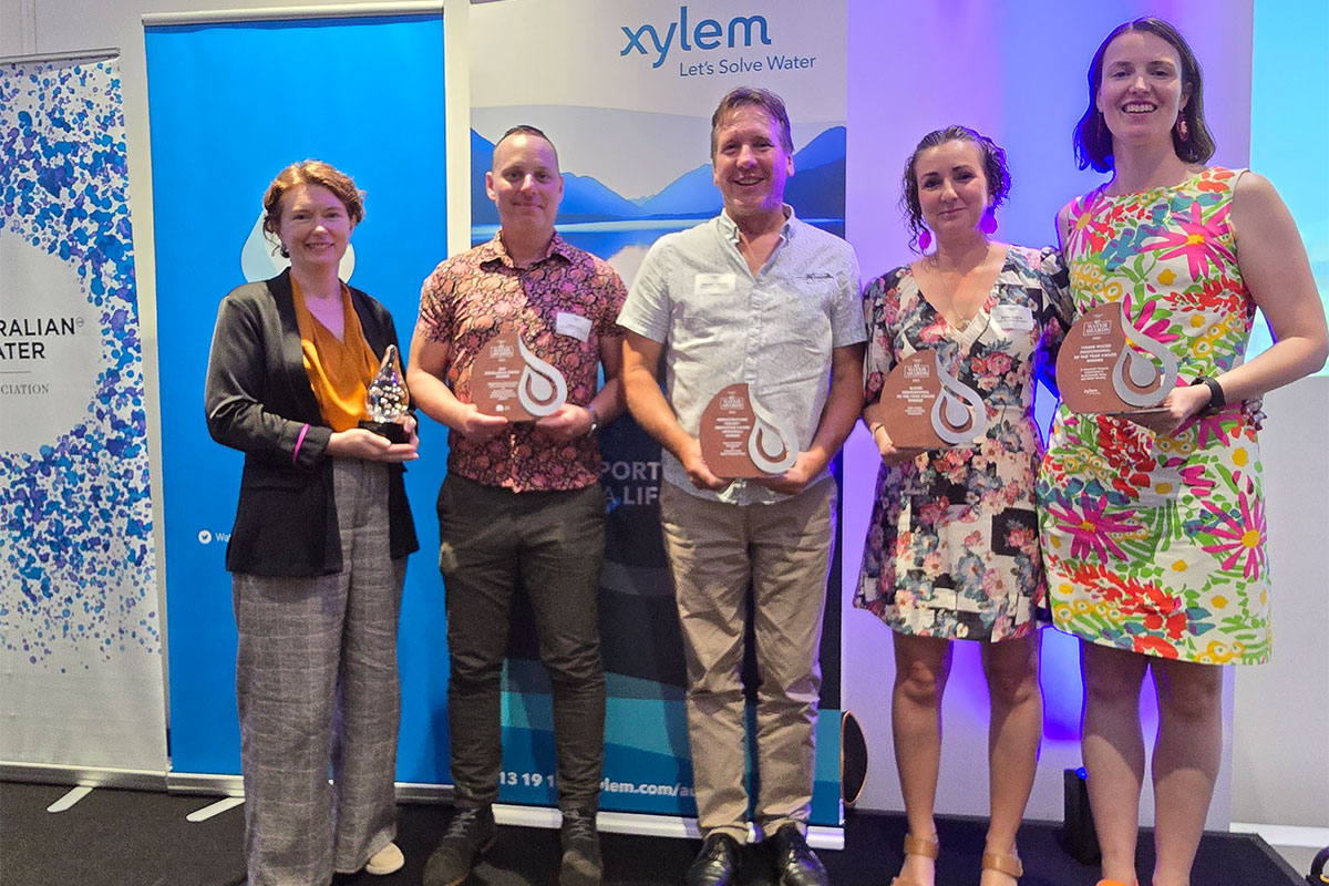 2024 NT Water Award Winners. Adrian Costar (second left) on behalf of the Water Resources Division for the R&D Excellence Award; and Susannah Clement (far right) for the Young Water Professional of the Year. 